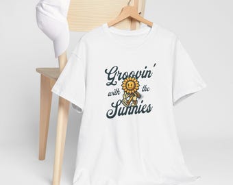 Groovin' with the Sunnies Unisex Heavy Cotton Tee, Sunflower T-Shirt, Summer Vibes, Casual Wear, Gift for Nature Lovers