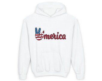 Youth Heavy Blend Hooded Sweatshirt - V'merica Peace Sign Hoodie, American Pride, Fun Gift for Kids, July 4th Celebration, Casual Wear