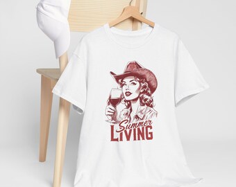 Vintage Summer Living Unisex Tee, Retro Cowgirl Cotton Shirt, Gift for Her, Outdoor Party Apparel, Graphic Tee