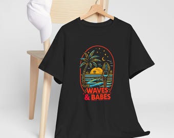 Beach Vibes Unisex Tee, Summer Shirt, Vacation Apparel, Graphic Waves & Babes Design, Ocean Lovers