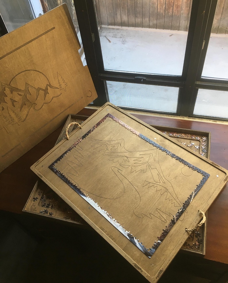 Mountain Engraved Puzzle Board, Tray, & Magnet Lid with Braided Hemp Rope Handles | Customizable | 1000 - 2000pc Size | Dark / Light Finish image 2