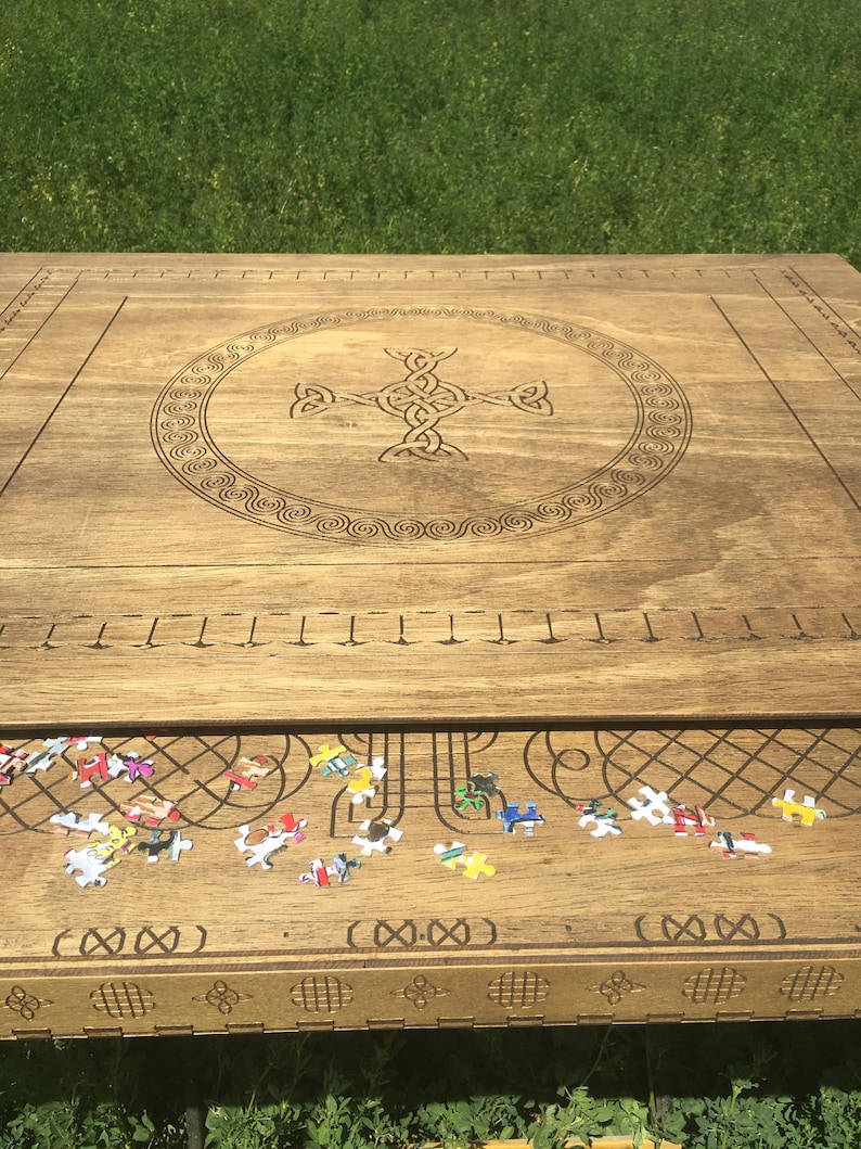 Puzzle Board & Tray with Magnet Lid Celtic Engraved | Customizable | Small - Large | Light / Dark Stain image 2