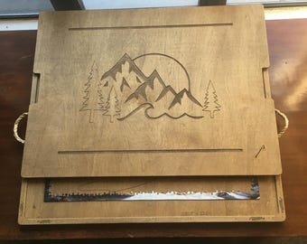 Puzzle Board with Magnet Lid Mountain Engraved  | Customizable | Small - Large | Dark or Light Finish