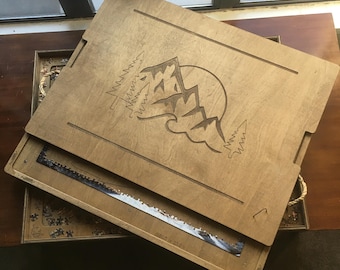 Mountain Engraved Puzzle Board, Tray, & Magnet Lid with Braided Hemp Rope Handles | Customizable | 1000 - 2000pc Size | Dark / Light Finish