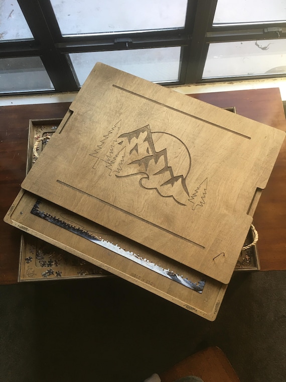 Mountain Engraved Puzzle Board, Tray, & Magnet Lid with Braided Hemp Rope Handles | Customizable | 1000 - 2000pc Size | Dark / Light Finish