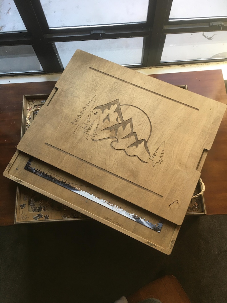 Mountain Engraved Puzzle Board, Tray, & Magnet Lid with Braided Hemp Rope Handles | Customizable | 1000 - 2000pc Size | Dark / Light Finish image 1
