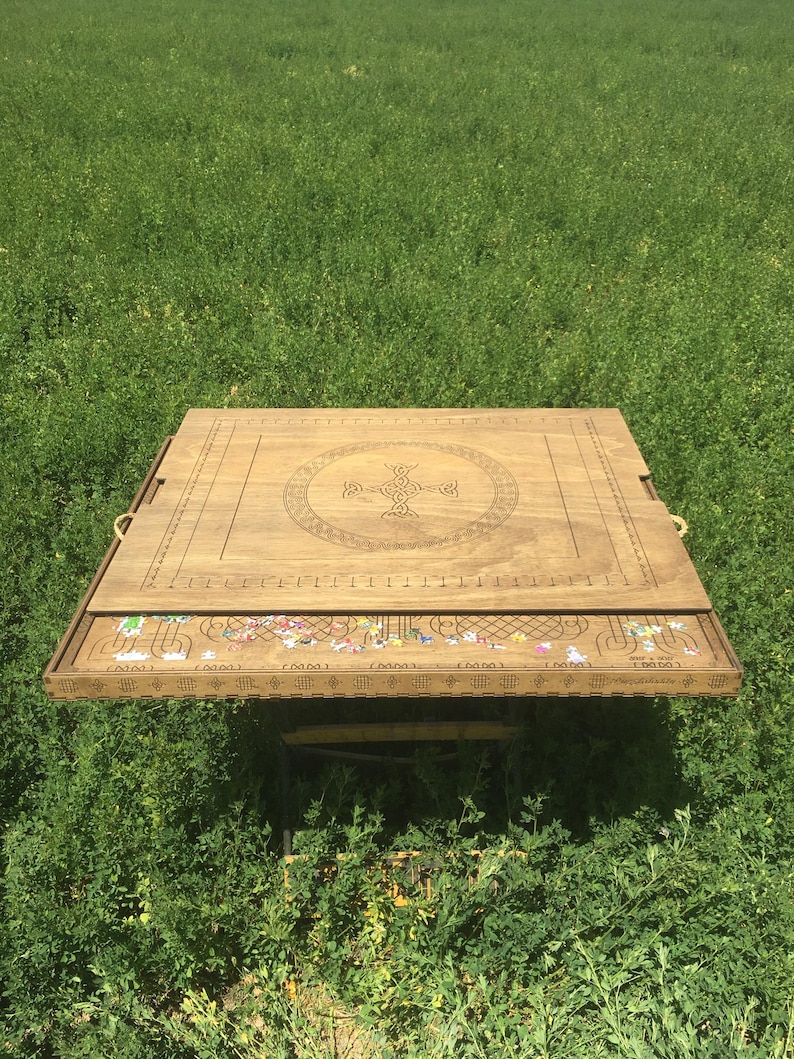 Puzzle Board & Tray with Magnet Lid Celtic Engraved | Customizable | Small - Large | Light / Dark Stain image 1