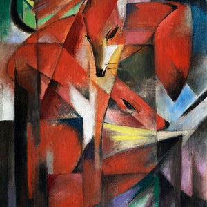May include: Abstract painting of a red fox with geometric shapes in shades of red, green, blue, white, and black.