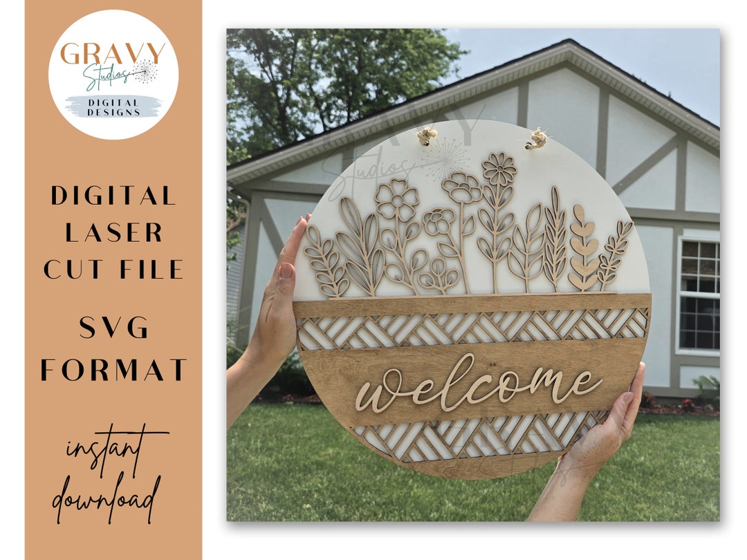 Floral Geometric Door Hanger SVG File: Laser Cut Round Sign (digital ...