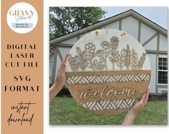 Floral Geometric Door Hanger SVG File: Laser Cut Round Sign (Digital Download)