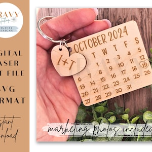 Chaveiro de calendário SVG | Arquivo de calendário para salvar a data | Arquivo de laser para data de aniversário | Chaveiro de calendário cortado a laser | Arquivo de chaveiro de calendário