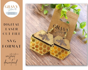Archivo de corte láser para aretes de abeja en forma de panal / Diseño de aretes con resorte / SVG para aretes de abeja / Archivo de corte láser para aretes