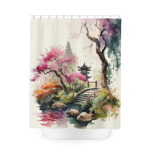 Rideau de douche en polyester | Conception d'aquarelle de jardin d'inspiration japonaise | Décor de salle de bain | Cadeau de pendaison de crémaillère