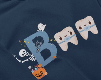 May include: Navy blue sweatshirt with a Halloween-themed design. The word "BOO" is spelled out with a blue letter "B" and two teeth wearing masks. A skeleton, ghost, spider, and jack-o'-lantern are also featured.
