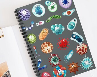 Cuaderno espiral de acuarela con bacterias divertidas, regalo de microbiología