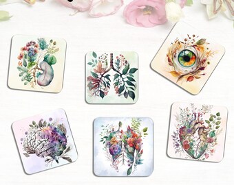 Floral Anatomy Coaster Set: Watercolor Human Anatomy Art Gift