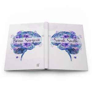 Watercolor Brain Art Journal with floral brain anatomy design. Features birth month floral patterns, customizable name option, perfect for psychology students, medical students, neurologists, ICU nurses, and neurosurgery professionals. Ideal for note-taking, therapy sessions, and cognitive science studies. Personalized journal celebrating brain anatomy and neuroscience.