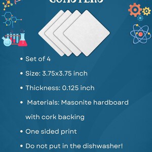 Pu&ograve; includere: Set di quattro sottobicchieri quadrati bianchi in Masonite con retro in sughero. Ogni sottobicchiere misura 9,5 cm per 9,5 cm e ha uno spessore di 0,3 cm. I sottobicchieri hanno una stampa su un solo lato. Il testo "COASTERS" &egrave; in alto nell'immagine. Il testo "Do not put in the dishwasher!" &egrave; in basso nell'immagine.