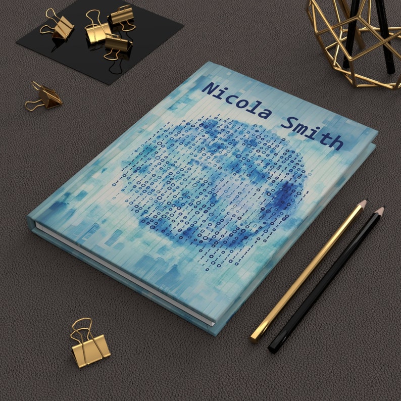 Personalized coding journal with watercolor designs featuring coding elements. Ideal for computer coders, software engineers, and tech enthusiasts. Perfect as a programmer gift, developer notebook, or for computer engineering students.