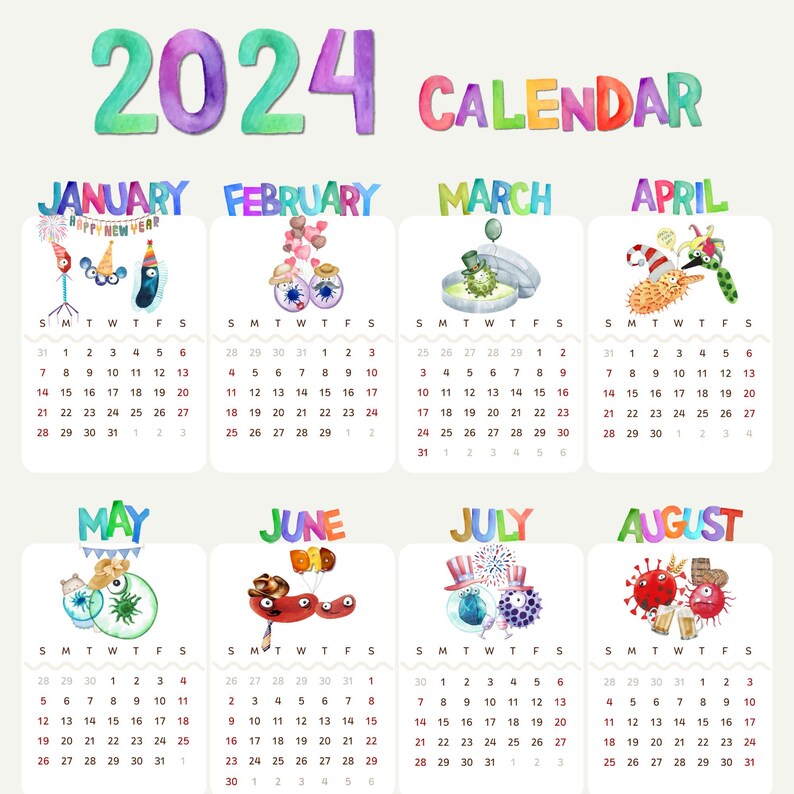 Printable 2024 Microbiology Calendar Digital Science Teacher Small Wall