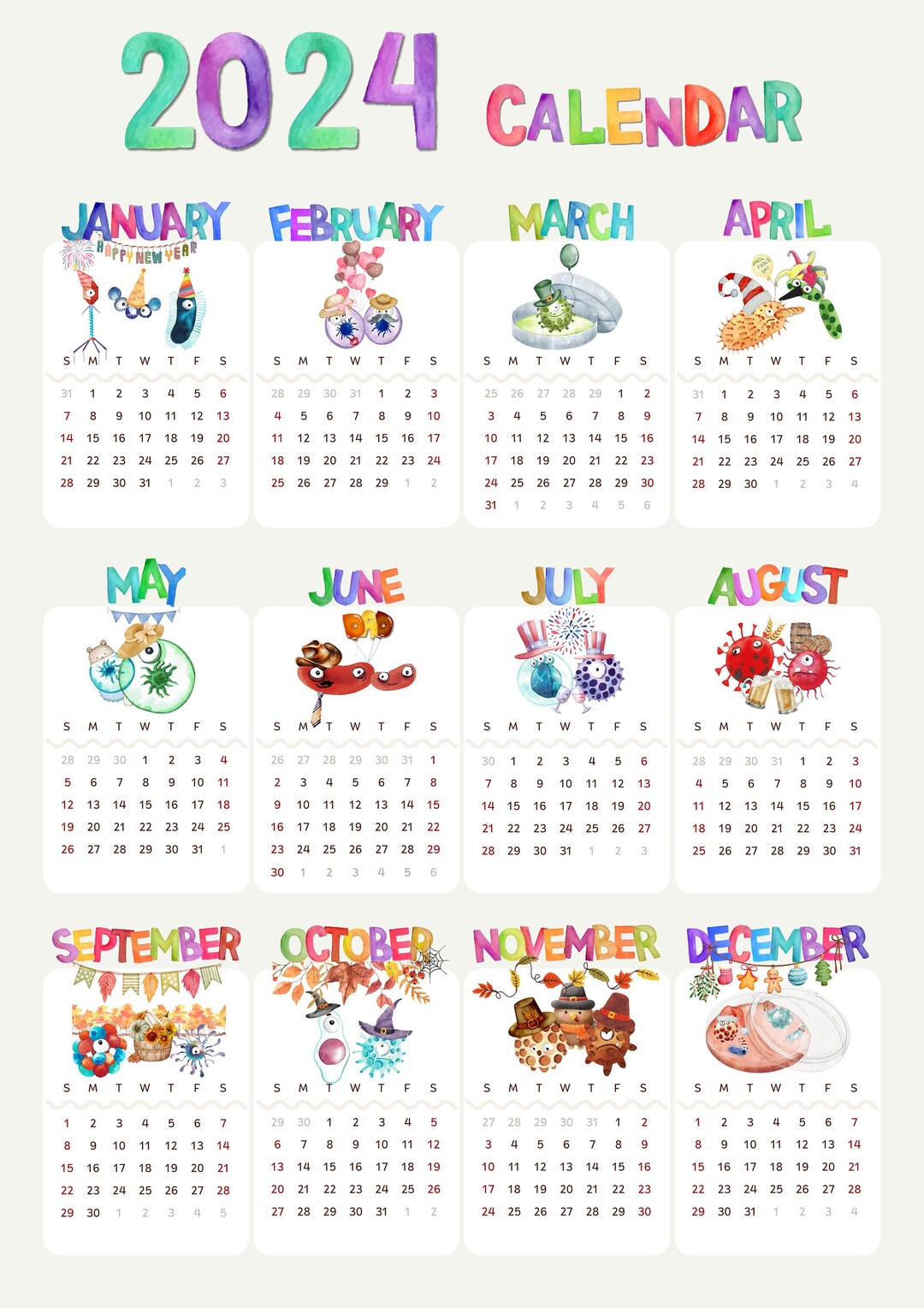 Printable 2024 Microbiology Calendar Digital Science Teacher Small Wall