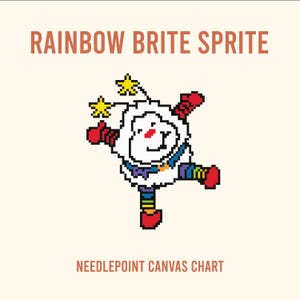 May include: Needlepoint canvas chart featuring a pixelated illustration of a white character with a rainbow-colored outfit and a red nose. The character is named "Rainbow Brite Sprite" and is holding a star.
