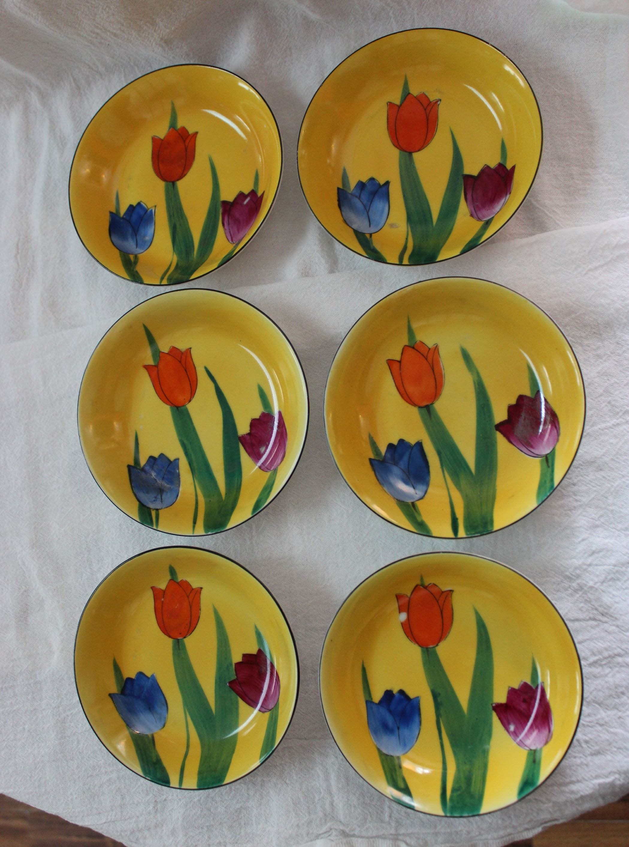 Vintage Okwan China Tea Cups, Saucers, Plates, Bowls Tulips Japan 1950s