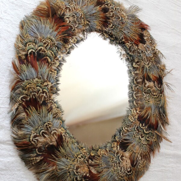 Vintage Handmade Feather Wreath Mirror 8x10"