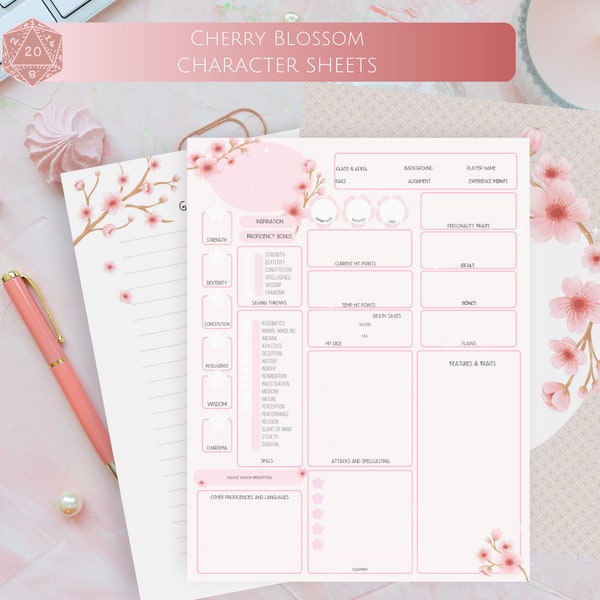 DND CHARACTER SHEETS *Cherry Blossoms* Digital Pdf Download