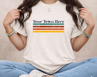 Personalized Hometown Retro Stripe T‑Shirt, custom city name, your town text, vintage distressed stripes, local pride tee, gift idea