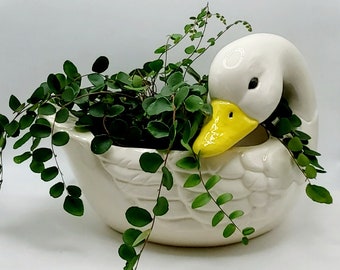 Porch Duck Planter - White Duck Cache Pot - Vintage Duck Flowerpot