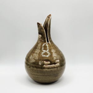 Vintage 70s Studio Pottery Vase - Unique Split Neck Altered Form - Moss Drip Glaze