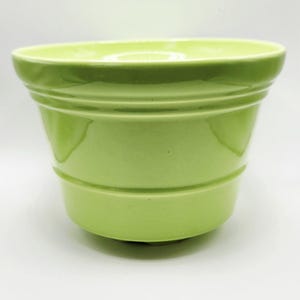 May include: A light green ceramic planter with a glossy finish. The planter has a wide, slightly flared rim and a rounded body with horizontal ridges. The planter is designed for indoor or outdoor use.