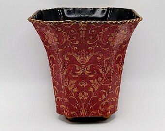 Small Red Houseplant Bin - Red Cache Pot with Ball Feet - Red and Gold Decorative Planter