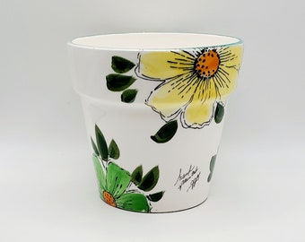 Colorful Hand-Painted Cache Pot - Ceramic Daisy Flowerpot - Porch Houseplant Pot