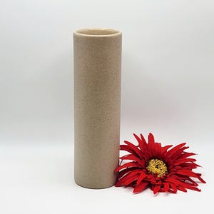 May include: A tall, cylindrical vase with a speckled, tan finish. A vibrant red flower with a yellow center rests beside the vase, creating a striking contrast against the neutral tones.