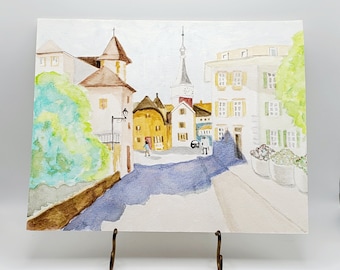 Watercolor Switzerland - Painting Neuveville Switzerland - Swiss Village Painting