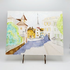 Watercolor Switzerland - Painting Neuveville Switzerland - Swiss Village Painting