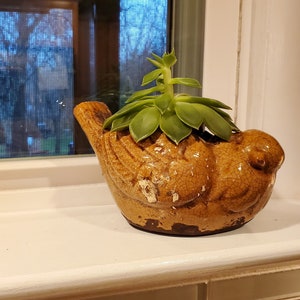 Windowsill Garden Bird Pot - Rustic Bird Cache Pot - Love Bird - Ceramic Bird Planter - Upcycled Planter