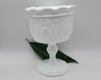 Vintage Milk Glass Pedestal Vase - Ruffled Edge Compote