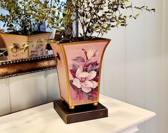 Magnolia Tole Bin - Artist Barbara Mock Signed Bin - Pink Rose Magnolia Pair Toleware - Metal Tole Vase