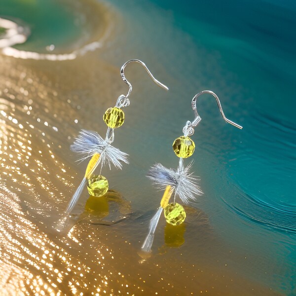 Fly Fishing Earrings.  A huge selection of fishing fly earrings.  A Sulpher Dun pattern with brillant yellow colors; gray/lavender feathers