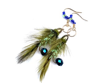 Fly fishing earrings 4 sale-A huge selection-A Olive Blosson fly pattern of green & dark blue beads. FREE SHIPPING