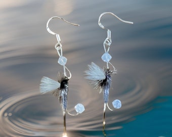 Fly Fishing Earrings 4 Sale.  Fishing Lure Earrings .  There are 4 white, Swarovski beads attached.