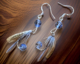 Fishing Fly Earrings- A Hendricks wet fly pattern- Gold and blue feathers- Fly Fishing Earrings-Fishing Lure Earrings.  Womens Earrings.