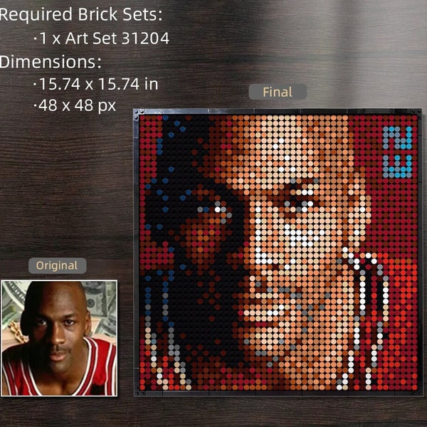 MOC Brick Blueprint von Michael Jordan - Original Portrait Kunstwerk | Basketball Fan Geschenk | Sportfan | Geschenk für Ihn|Stier