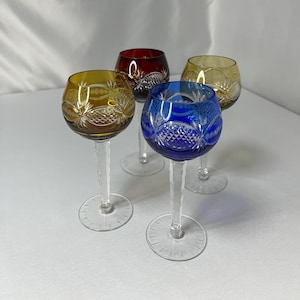 Vintage Bohemian Colorful Cut Crystal Set of 4 Wine Glasses