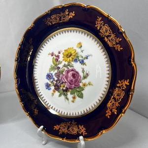 Czech cobalt porcelain plate, gold Czech Epiag plate, Czechoslovakia Bohemia Carlsbad fine porcelain EPIAG 1940s