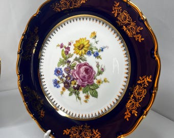Vintage Czech Cobalt Porcelain Plate: Gold Floral Epiag, 1940s