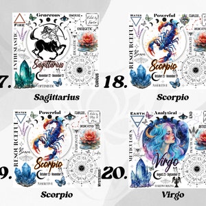 Op de afbeelding: Vier vierkante ontwerpen met sterrenbeelden: Boogschutter, Schorpioen en Maagd. Elk ontwerp bevat het sterrenbeeld, bijbehorende eigenschappen en data. De ontwerpen bevatten aquarelelementen, kristallen en vlinders. Het Boogschutter-ontwerp heeft een zwarte boogschutter.